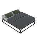 Modern Double Bed With Black Metal Frame Gray Comforter And Green Pillows