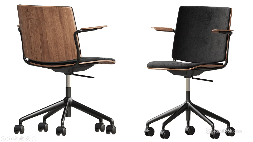 Modern Leisure Chairs With Walnut Wood Armrests And Black Upholstery Five-Star Caster Base 3d model 