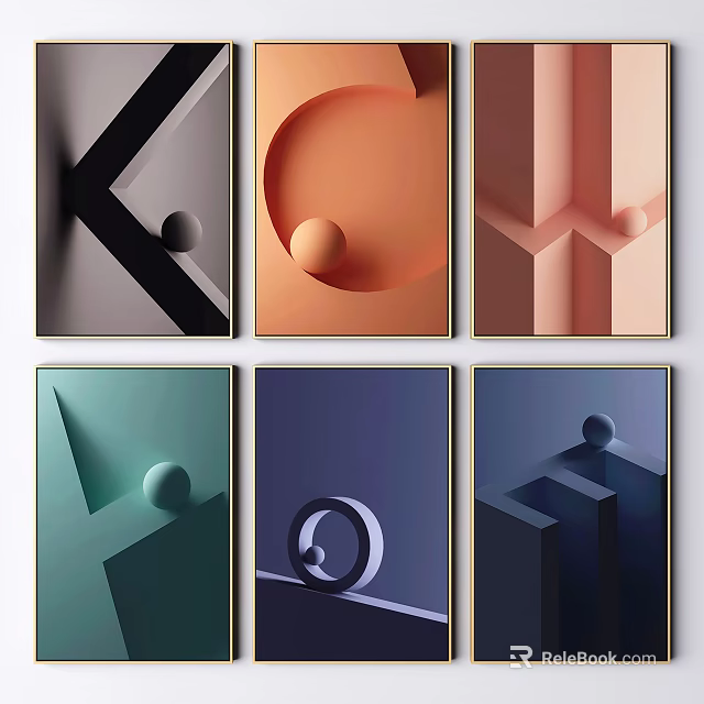 Modern Abstract Geometric Wall Art With Colorful Shapes And Gold Frames 3d model