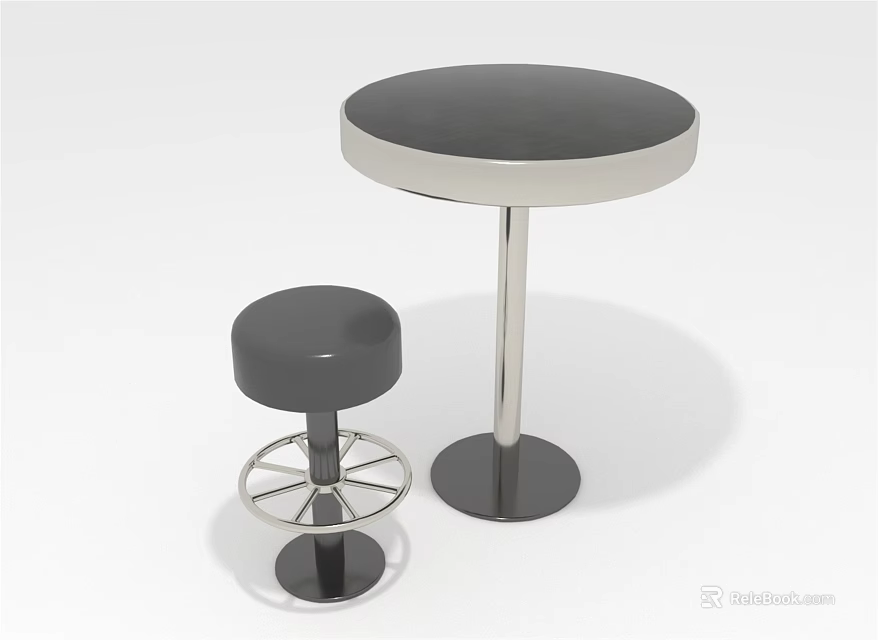 Modern Round Black Bar Counter Featuring Smooth Top And Black Stool With Silver Base 3d model 