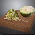 Fresh Green Cabbage Halved with Shredded Pieces on Wooden Cutting Board