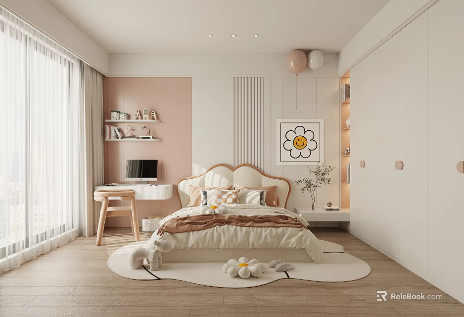 Pink And White Kids Room Interior With Cozy Bed Desk Wall Art Balloons Stuffed Toys 3d model 