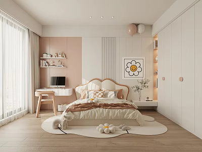 Pink And White Kids Room Interior With Cozy Bed Desk Wall Art Balloons Stuffed Toys 3d model
