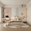 Pink And White Kids Room Interior With Cozy Bed Desk Wall Art Balloons Stuffed Toys