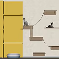 Modern Cat Tree With Yellow Wall Circular Holes Wooden Platforms And Two Cats