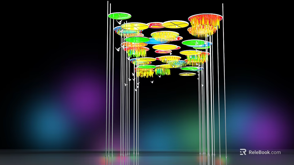 Colorful Circular Pendant Lights Hanging With Metal Rods And Colorful Halos Background 3d model 