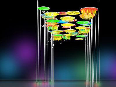 Colorful Circular Pendant Lights Hanging With Metal Rods And Colorful Halos Background 3d model