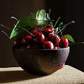Fresh Red Cherries in Dark Shiny Bowl with Green Leaves and Single Cherry on Table