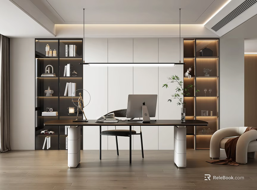 Modern Study Room Interior Design With Wooden Desk Computer Bookshelves And Green Plant 3d model 