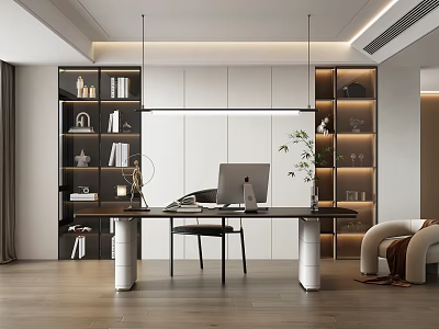 Modern Study Room Interior Design With Wooden Desk Computer Bookshelves And Green Plant 3d model