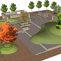 Park Landscape With Modern Stone Structure Water Pool Trees Steps And Wooden Deck 3d model