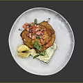 Crispy Fried Fillet Topped with Fresh Tomato Salsa Cilantro Creamy Mashed Potatoes and Lemon Wedge