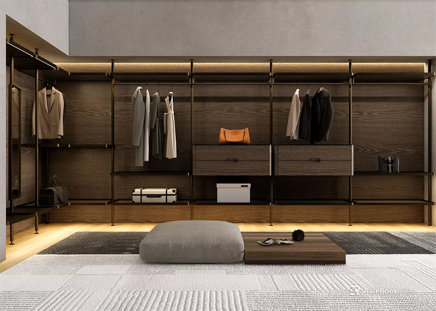 Modern Dark Wood Wardrobe With Open Shelving Hanging Clothes Storage Drawers And Integrated Lighting 3d model 