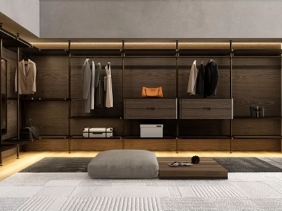 Modern Dark Wood Wardrobe With Open Shelving Hanging Clothes Storage Drawers And Integrated Lighting 3d model