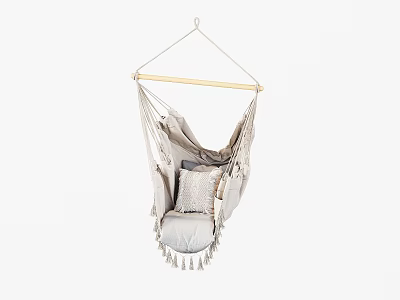 Hanging Hammock Chair With Beige Woven Material Wooden Crossbar And Gray Cushion Tassel Decoration 3d model