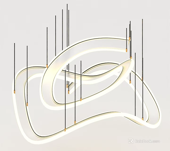 Modern Artistic Abstract Chandelier Featuring Curved Illuminated Rings And Black Rods Design 3d model 