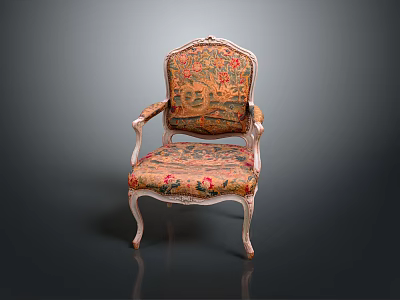 Elegant Ornate Single Chair With Floral Upholstery And Carved Wooden Details 3d model