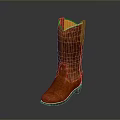 Brown Leather Knee High Boots With Floral Engraved Patterns For Daily Wear