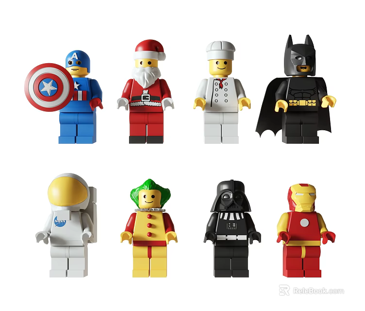 Lego Character Dolls Featuring Various Iconic Figures Like Superheroes Santa And Astronaut 3d model 