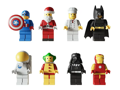Lego Character Dolls Featuring Various Iconic Figures Like Superheroes Santa And Astronaut 3d model