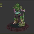 Game Fantasy Warrior Character with Golden Silver Armor Blue Sash Staff and Blue Circular Base