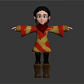 3D Girl Character With Braided Hair Green Eyes Red Yellow Robe And Brown Boots