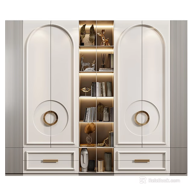 Modern White Double Door Wardrobe With Lit Storage Shelves And Gold Accents 3d model 