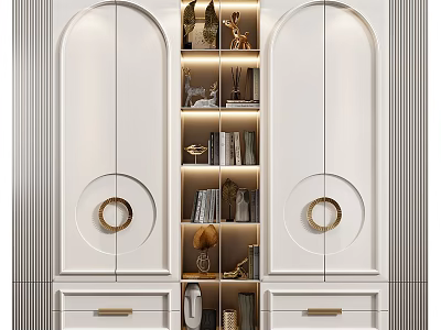 Modern White Double Door Wardrobe With Lit Storage Shelves And Gold Accents 3d model