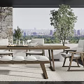 Rustic Dining Table Set with Wooden Chairs Bench and Stone Wall Backdrop City View 3d model