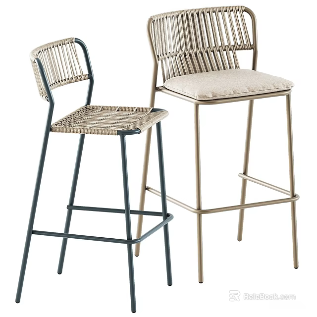 Woven Bar Stools With Blue And Gold Frames And Beige Seat Cushions 3d model 