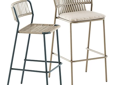 Woven Bar Stools With Blue And Gold Frames And Beige Seat Cushions 3d model