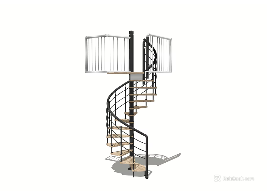 Elegant Spiral Staircase With Black Metal Railings White Handrail And Wooden Steps 3d model 