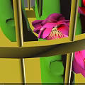 Yellow Birdcage With Green Plants And Gift Boxes With Red Yellow Flowers On Blue Background