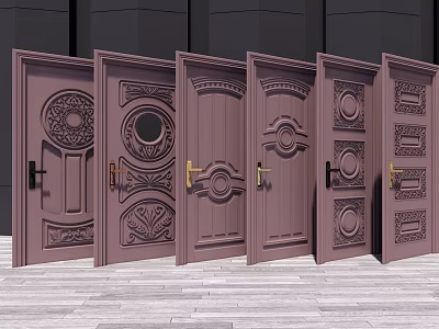 Elegant Carved Hinged Doors With Various Designs And Golden Handles 3d model