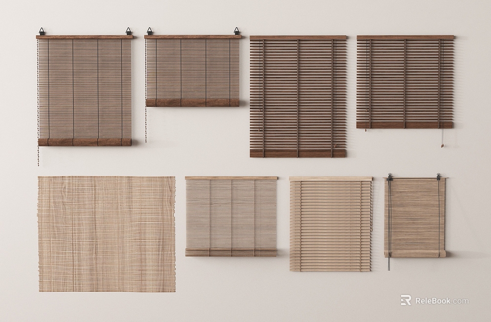 Various Natural Wood Bamboo Window Blinds With Woven Patterns For Home Decoration 3d model 
