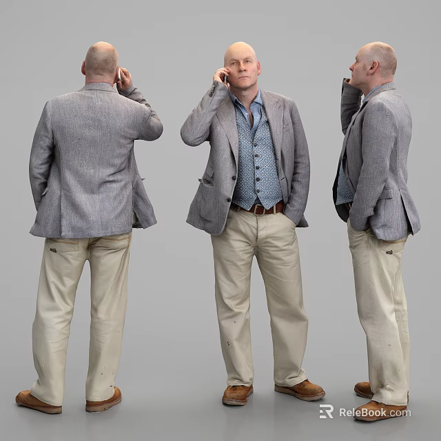 Man Wearing Gray Blazer Blue Shirt Khaki Pants Talking On Phone Gray Background Three Angles 3d model 