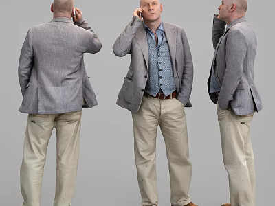 Man Wearing Gray Blazer Blue Shirt Khaki Pants Talking On Phone Gray Background Three Angles 3d model