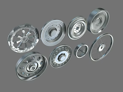Various Car Wheel Designs Featuring Metallic Rims And Different Spoke Patterns 3d model