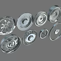 Various Car Wheel Designs Featuring Metallic Rims And Different Spoke Patterns 3d model