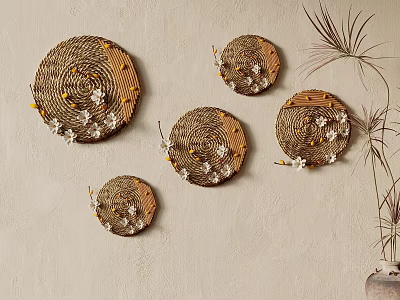 Natural Style Circular Woven Wall Decor With White Flowers And Yellow Accents 3d model
