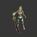 Woman In Green Armor With Glowing Sword And Hood Standing Pose