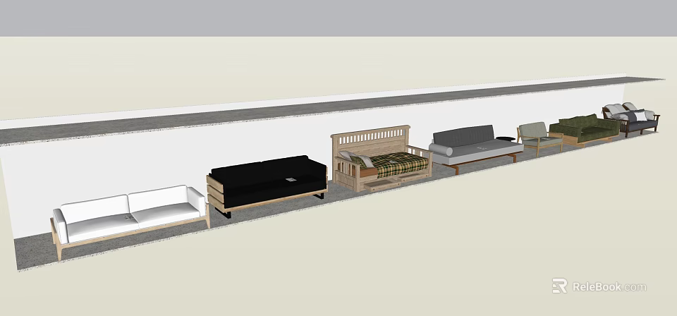 Modern Sofa Set Combination With Wooden Frames And Various Cushion Designs 3d model