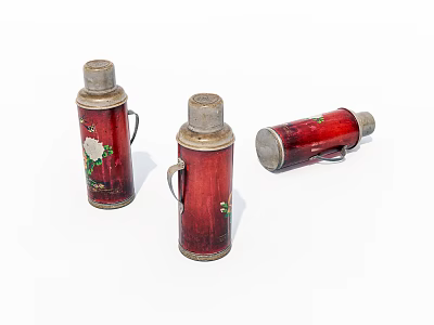 Vintage Red Thermos Flasks with Silver Lids Handles and White Floral Patterns 3d model