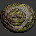 Natural Wood Stone Stacked Tower Structure With Organic Texture And Green Moss Details