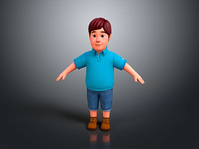 3D Cartoon Boy Model Wearing Blue Polo Shirt Blue Shorts Brown Shoes On Gray Background 3d model