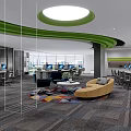Modern Public Office Space With Workstations Computers Green Plants And Glass Partitions