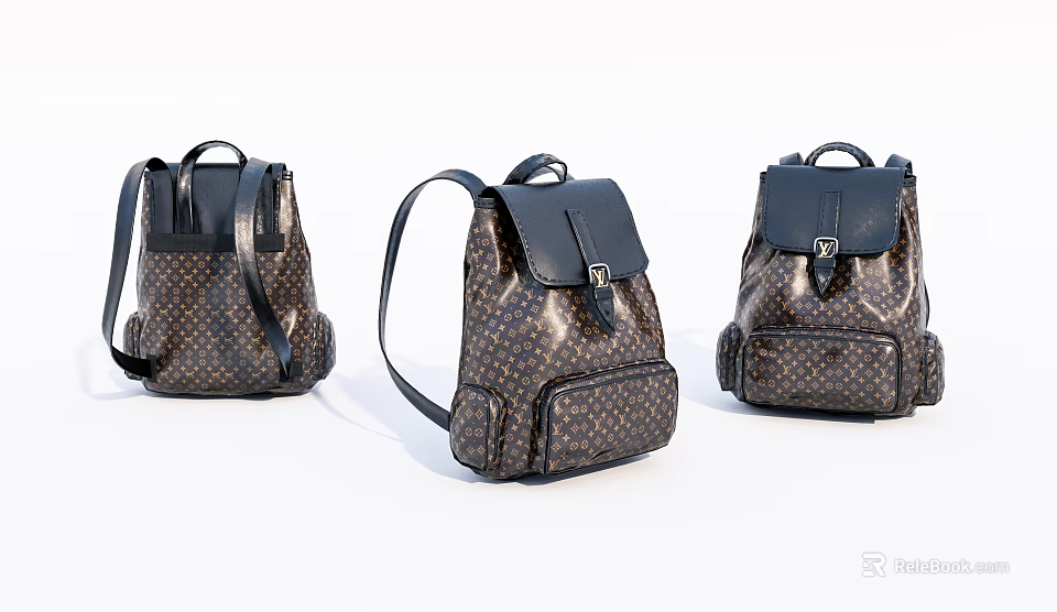 Three Brown Patterned Leather Backpacks With Adjustable Straps And Buckle Closure 3d model 