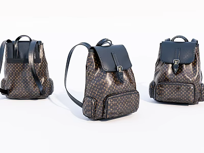 Three Brown Patterned Leather Backpacks With Adjustable Straps And Buckle Closure 3d model