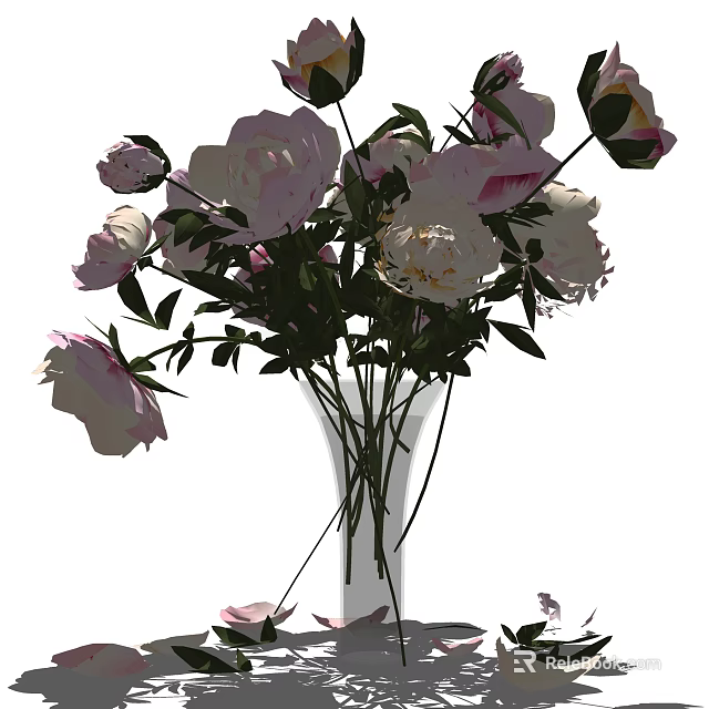 Beautiful Pink Peonies in Clear Glass Vase With Green Leaves and Fresh Blooms 3d model 
