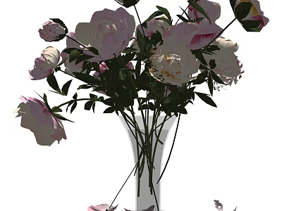 Beautiful Pink Peonies in Clear Glass Vase With Green Leaves and Fresh Blooms 3d model